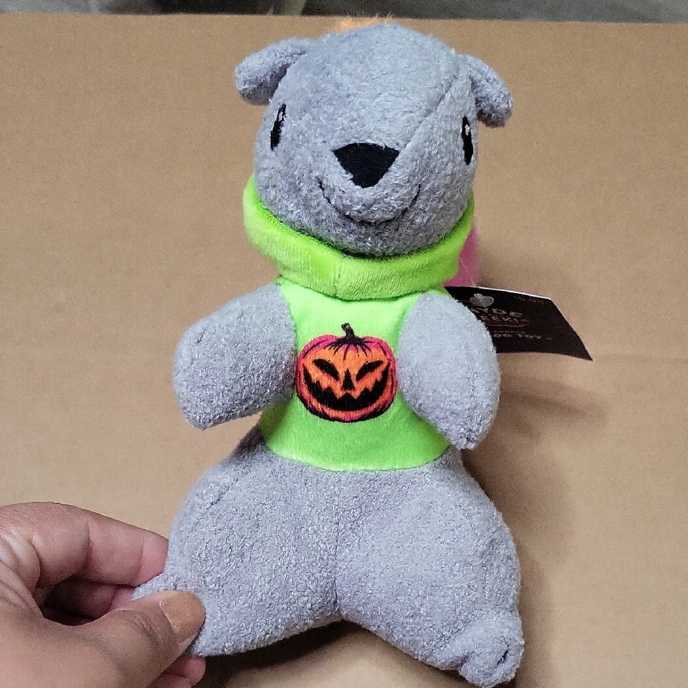 Gray Squierl Dog Toy with Green Pumpkin Shirt